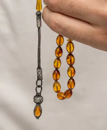 Gümüş 1000 Ayar Kazaz Püsküllü Sıkma Kehribar Tesbih