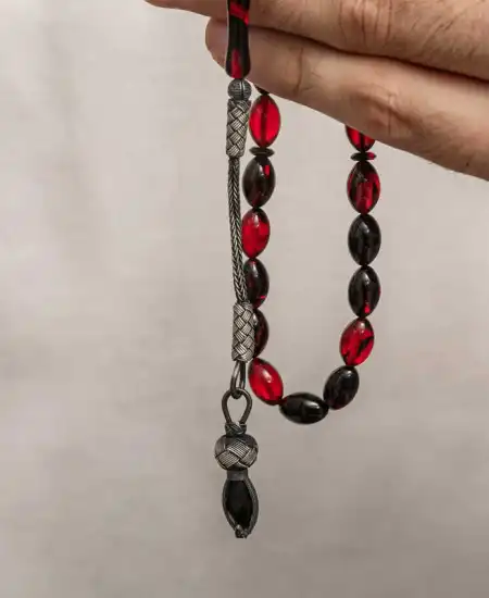 Gümüş 1000 Ayar Kazaz Püsküllü Sıkma Kehribar Tesbih