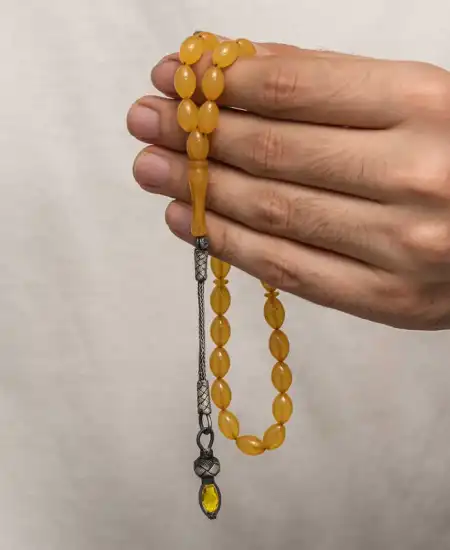 Gümüş 1000 Ayar Kazaz Püsküllü Sıkma Kehribar Tesbih