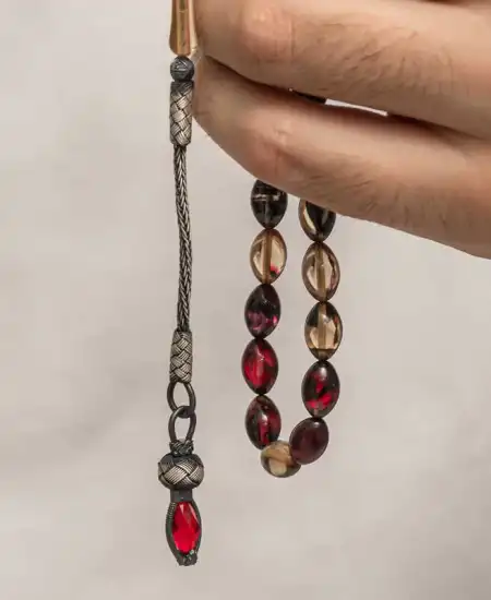 Gümüş 1000 Ayar Kazaz Püsküllü Sıkma Kehribar Tesbih