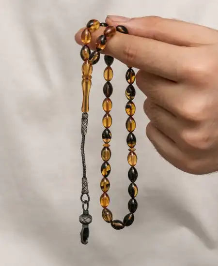 Gümüş 1000 Ayar Kazaz Püsküllü Sıkma Kehribar Tesbih