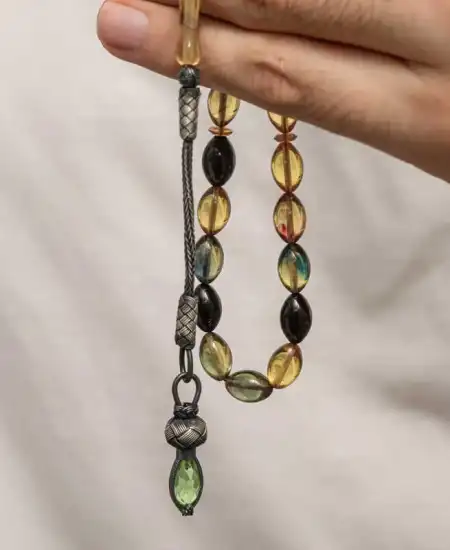 Gümüş 1000 Ayar Kazaz Püsküllü Sıkma Kehribar Tesbih