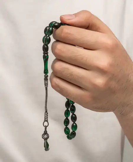 Gümüş 1000 Ayar Kazaz Püsküllü Sıkma Kehribar Tesbih