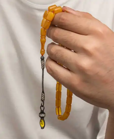 Gümüş 1000 Ayar Kazaz Püsküllü Sıkma Kehribar Tesbih