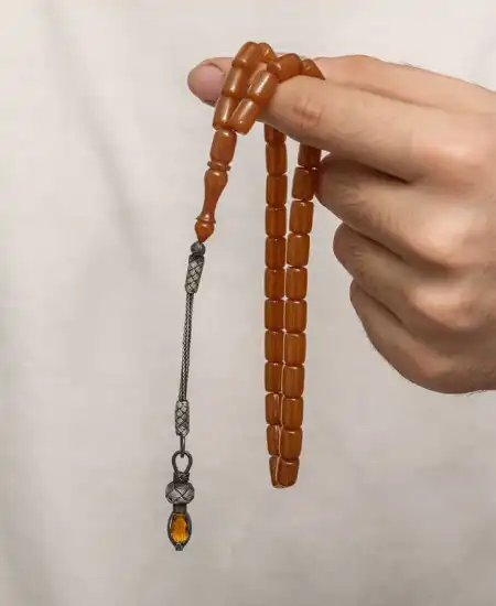 Gümüş 1000 Ayar Kazaz Püsküllü Sıkma Kehribar Tesbih