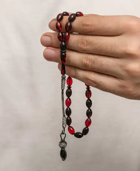 Gümüş 1000 Ayar Kazaz Püsküllü Sıkma Kehribar Tesbih