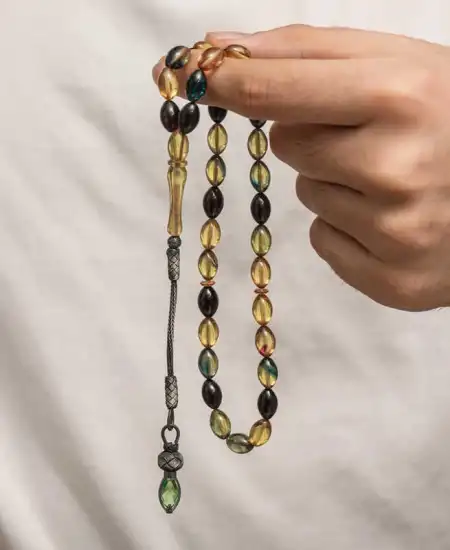 Gümüş 1000 Ayar Kazaz Püsküllü Sıkma Kehribar Tesbih