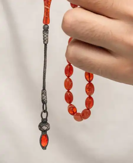 Gümüş 1000 Ayar Kazaz Püsküllü Sıkma Kehribar Tesbih