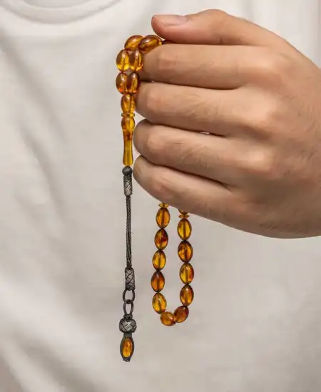 Gümüş 1000 Ayar Kazaz Püsküllü Sıkma Kehribar Tesbih