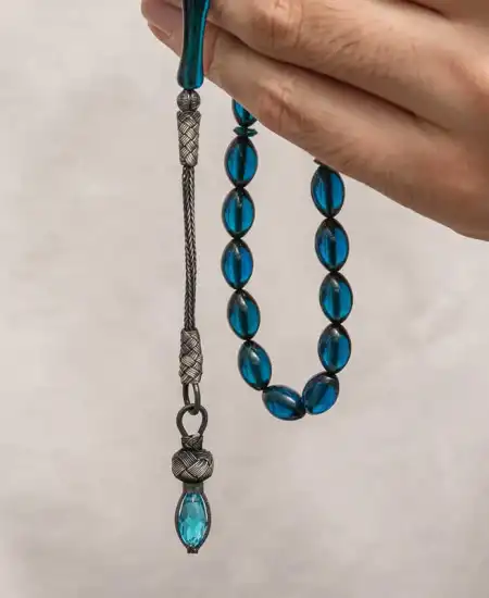 Gümüş 1000 Ayar Kazaz Püsküllü Sıkma Kehribar Tesbih