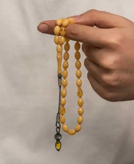 Gümüş 1000 Ayar Kazaz Püsküllü Sıkma Kehribar Tesbih