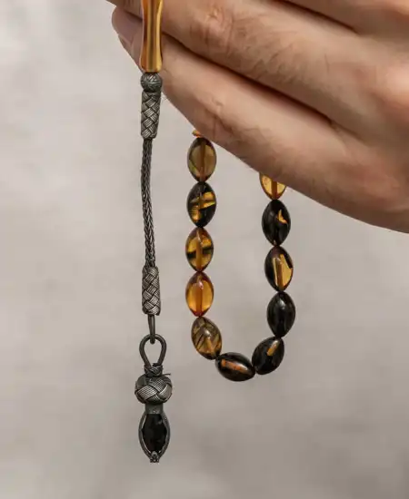 Gümüş 1000 Ayar Kazaz Püsküllü Sıkma Kehribar Tesbih