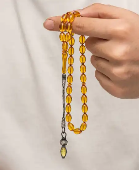 Gümüş 1000 Ayar Kazaz Püsküllü Sıkma Kehribar Tesbih