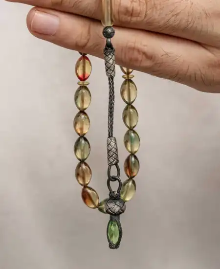 Gümüş 1000 Ayar Kazaz Püsküllü Sıkma Kehribar Tesbih