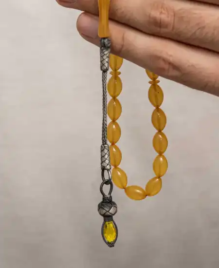 Gümüş 1000 Ayar Kazaz Püsküllü Sıkma Kehribar Tesbih