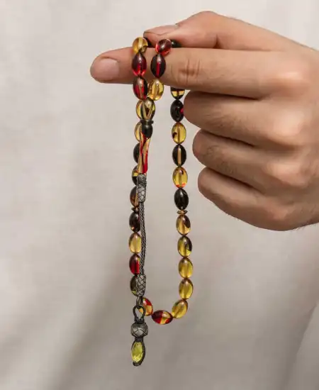 Gümüş 1000 Ayar Kazaz Püsküllü Sıkma Kehribar Tesbih