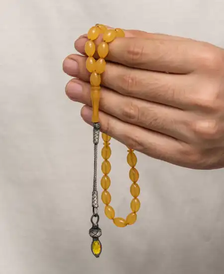 Gümüş 1000 Ayar Kazaz Püsküllü Sıkma Kehribar Tesbih