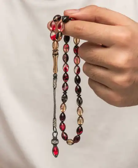 Gümüş 1000 Ayar Kazaz Püsküllü Sıkma Kehribar Tesbih