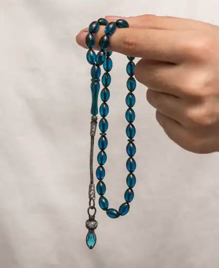 Gümüş 1000 Ayar Kazaz Püsküllü Sıkma Kehribar Tesbih