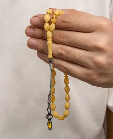 Gümüş 1000 Ayar Kazaz Püsküllü Sıkma Kehribar Tesbih