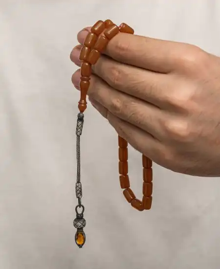 Gümüş 1000 Ayar Kazaz Püsküllü Sıkma Kehribar Tesbih