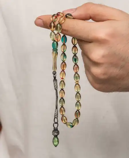 Gümüş 1000 Ayar Kazaz Püsküllü Sıkma Kehribar Tesbih