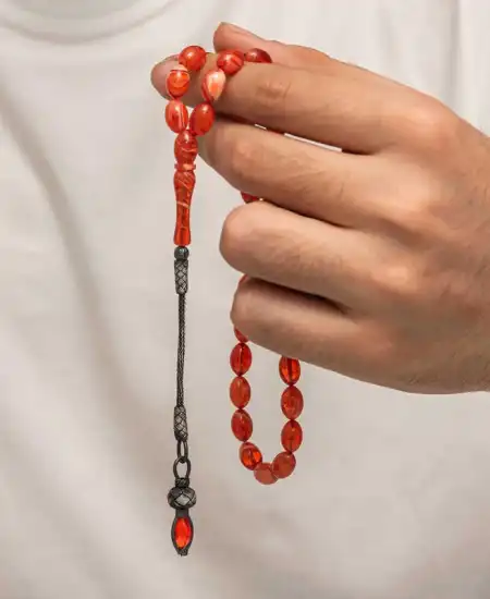 Gümüş 1000 Ayar Kazaz Püsküllü Sıkma Kehribar Tesbih