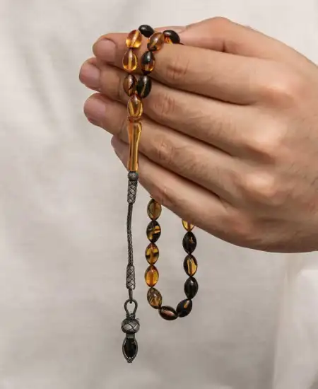 Gümüş 1000 Ayar Kazaz Püsküllü Sıkma Kehribar Tesbih