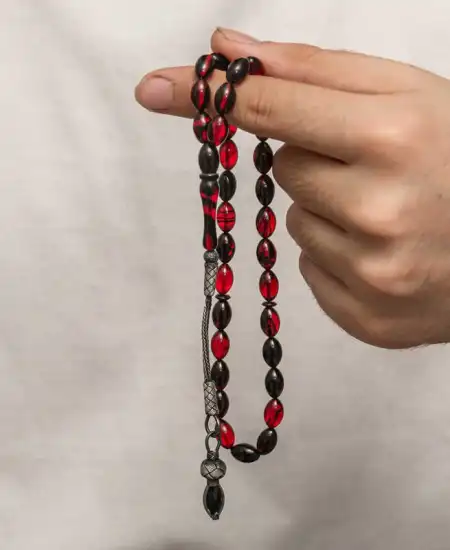 Gümüş 1000 Ayar Kazaz Püsküllü Sıkma Kehribar Tesbih