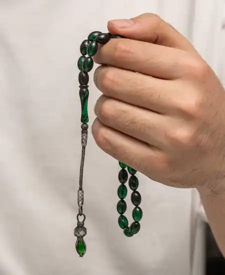 Gümüş 1000 Ayar Kazaz Püsküllü Sıkma Kehribar Tesbih