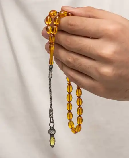 Gümüş 1000 Ayar Kazaz Püsküllü Sıkma Kehribar Tesbih