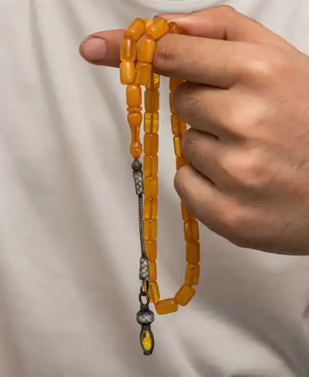 Gümüş 1000 Ayar Kazaz Püsküllü Sıkma Kehribar Tesbih