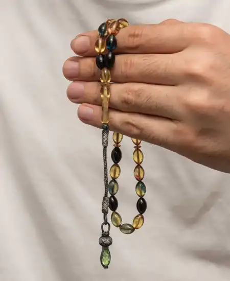 Gümüş 1000 Ayar Kazaz Püsküllü Sıkma Kehribar Tesbih