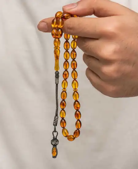 Gümüş 1000 Ayar Kazaz Püsküllü Sıkma Kehribar Tesbih