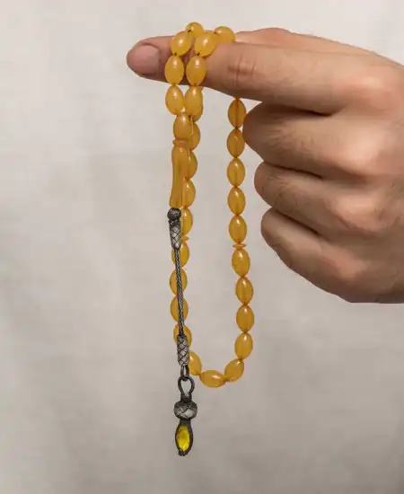 Gümüş 1000 Ayar Kazaz Püsküllü Sıkma Kehribar Tesbih