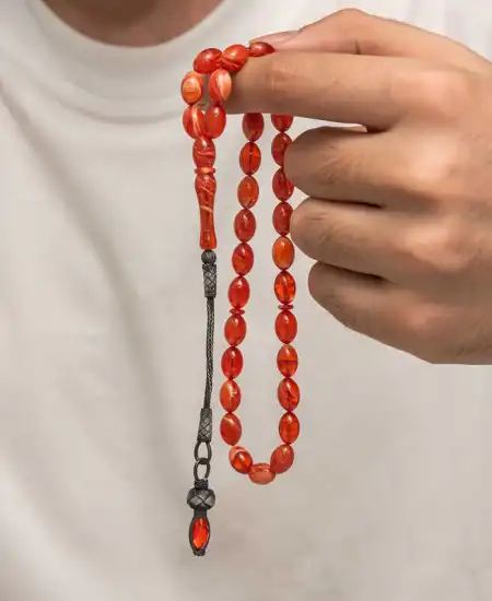 Gümüş 1000 Ayar Kazaz Püsküllü Sıkma Kehribar Tesbih