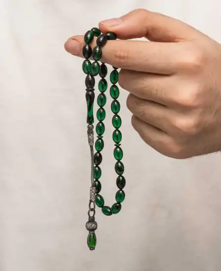 Gümüş 1000 Ayar Kazaz Püsküllü Sıkma Kehribar Tesbih