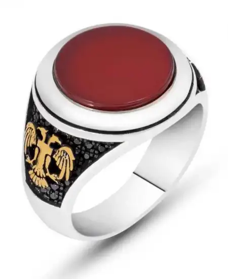Gümüş Akik Taşlı Çift Başlı Kartal Erkek Yüzük
