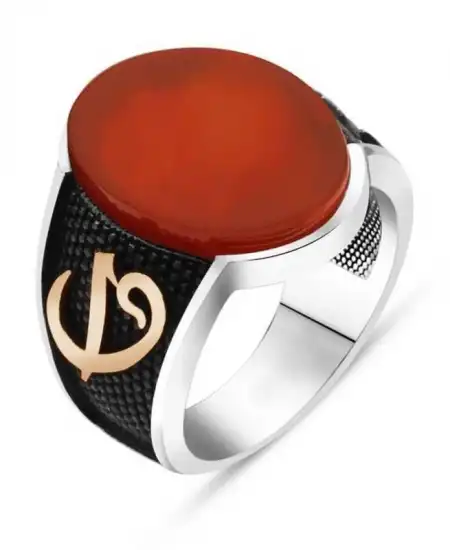 Gümüş Akik Taşlı Elif Vav Erkek Yüzük