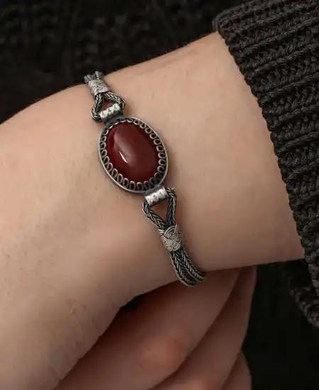 Gümüş Akik Taşlı Kazaziye Bileklik