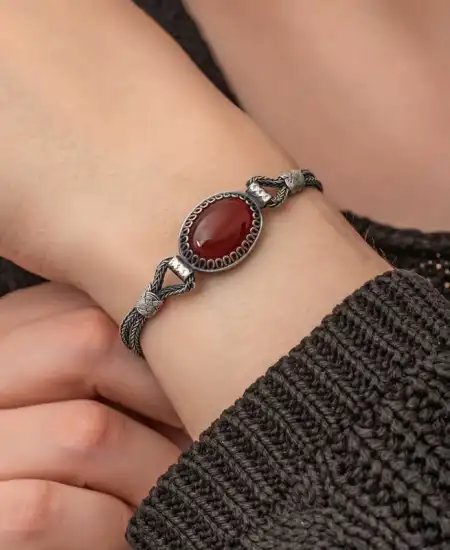 Gümüş Akik Taşlı Kazaziye Bileklik