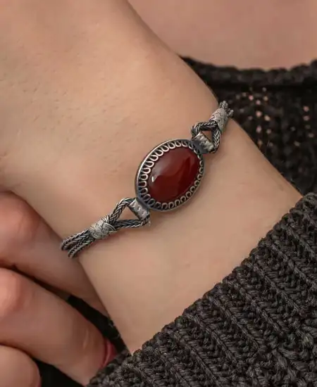 Gümüş Akik Taşlı Kazaziye Bileklik