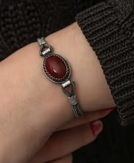 Gümüş Akik Taşlı Kazaziye Bileklik