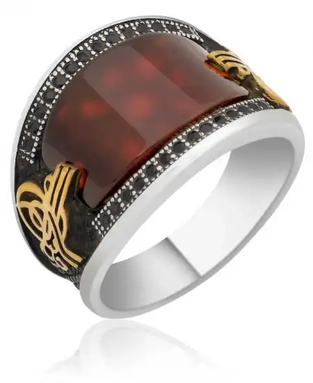 Gümüş Akik Ve Zirkon Taşlı Tuğra Armalı Yüzük