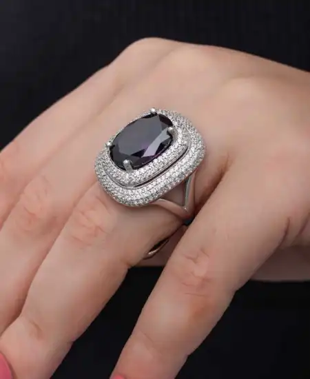 Gümüş Ametist Taşlı Kadın Yüzük