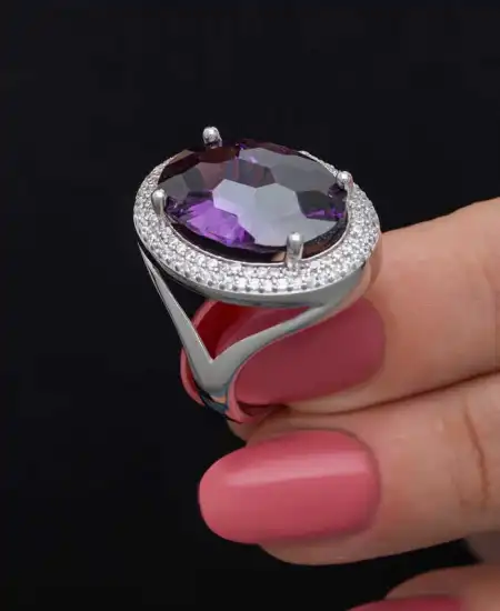 Gümüş Ametist Taşlı  Kadın Yüzük