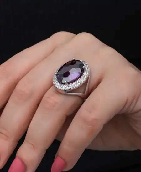Gümüş Ametist Taşlı  Kadın Yüzük