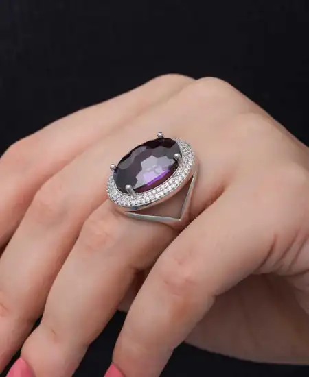 Gümüş Ametist Taşlı  Kadın Yüzük