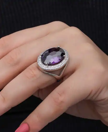 Gümüş Ametist Taşlı  Kadın Yüzük