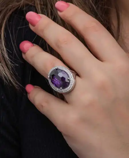 Gümüş Ametist Taşlı  Kadın Yüzük